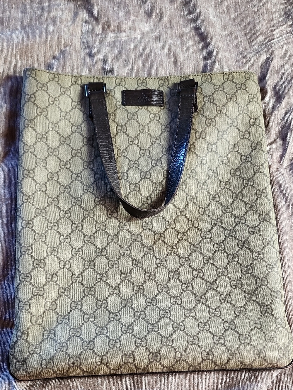 Gucci Beige Monogram Canvas Tote with Brown Leather Handles